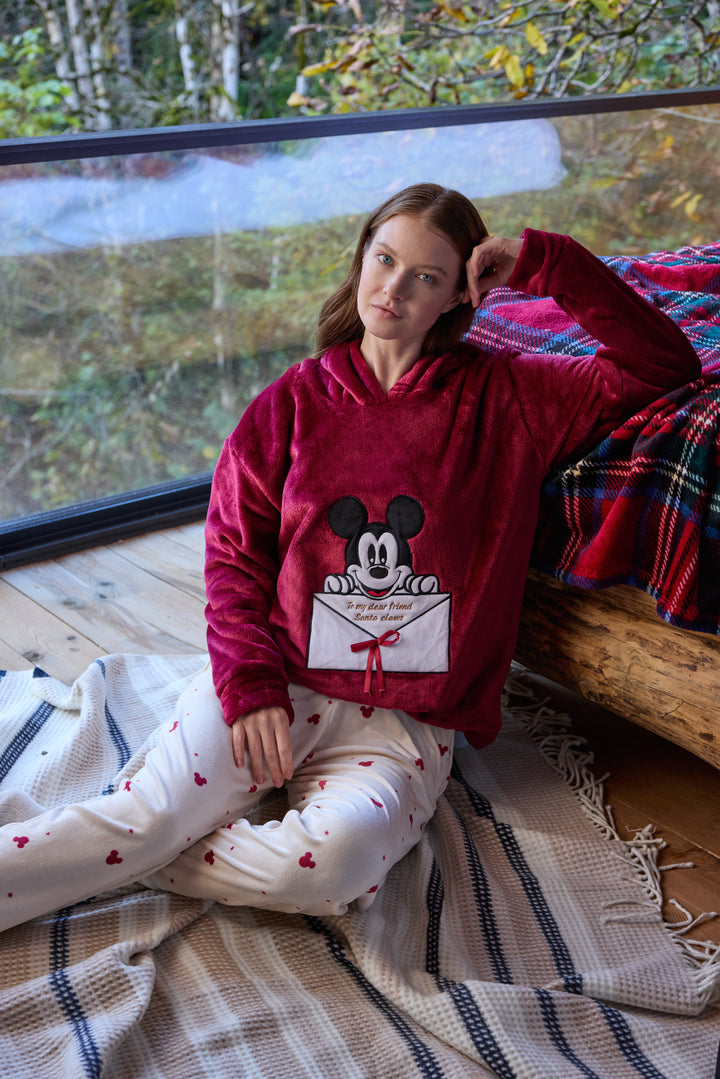 Burgundy Fluffy Hoodie Winter Set with Embroidery &amp; Printed Pants | 6018