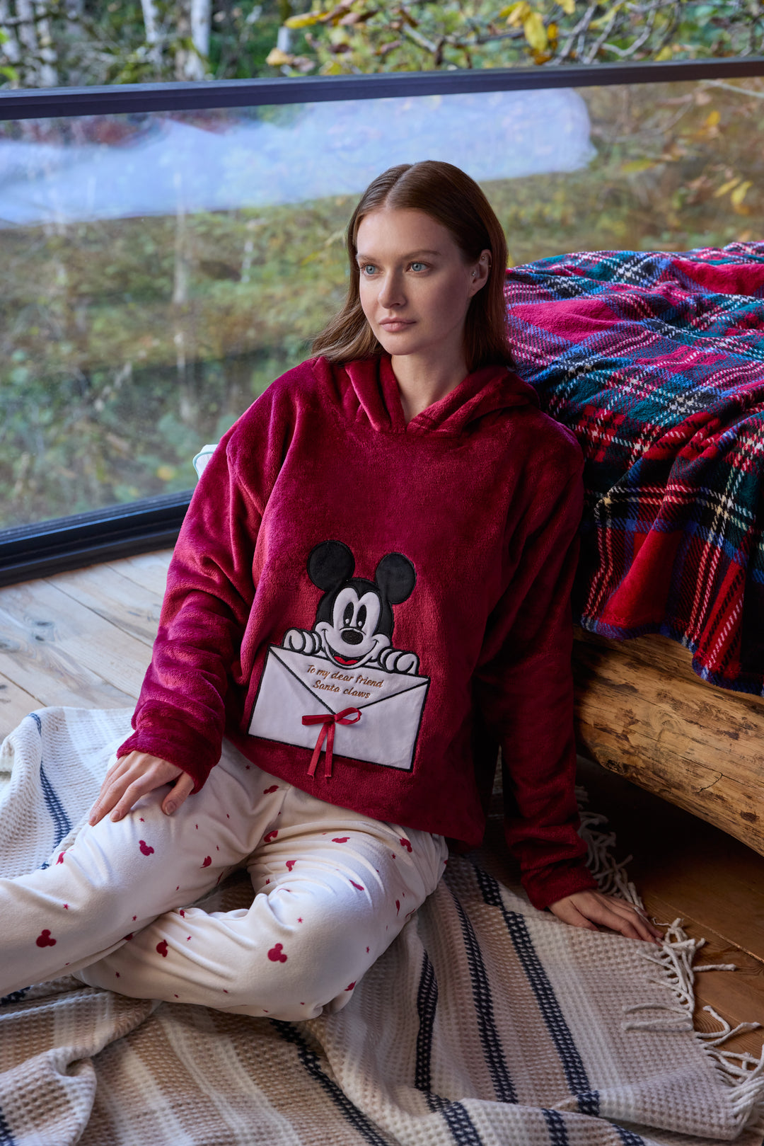 Burgundy Fluffy Hoodie Winter Set with Embroidery &amp; Printed Pants | 6018