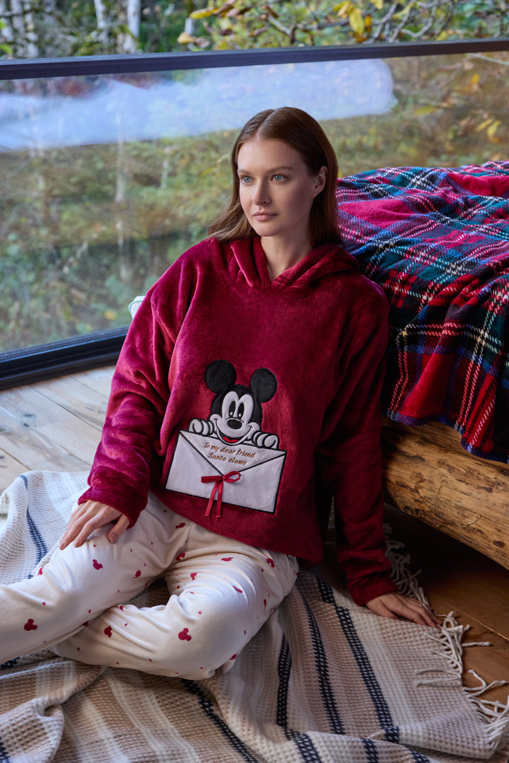 Burgundy Fluffy Hoodie Winter Set with Embroidery &amp; Printed Pants | 6018
