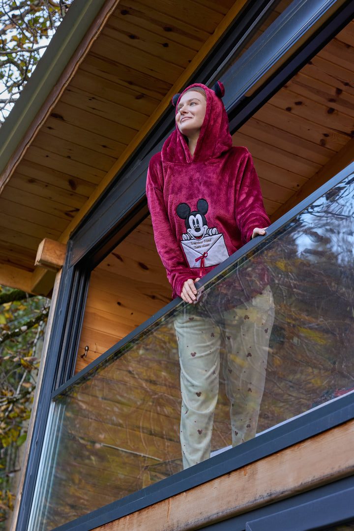 Burgundy Fluffy Hoodie Winter Set with Embroidery &amp; Printed Pants | 6018