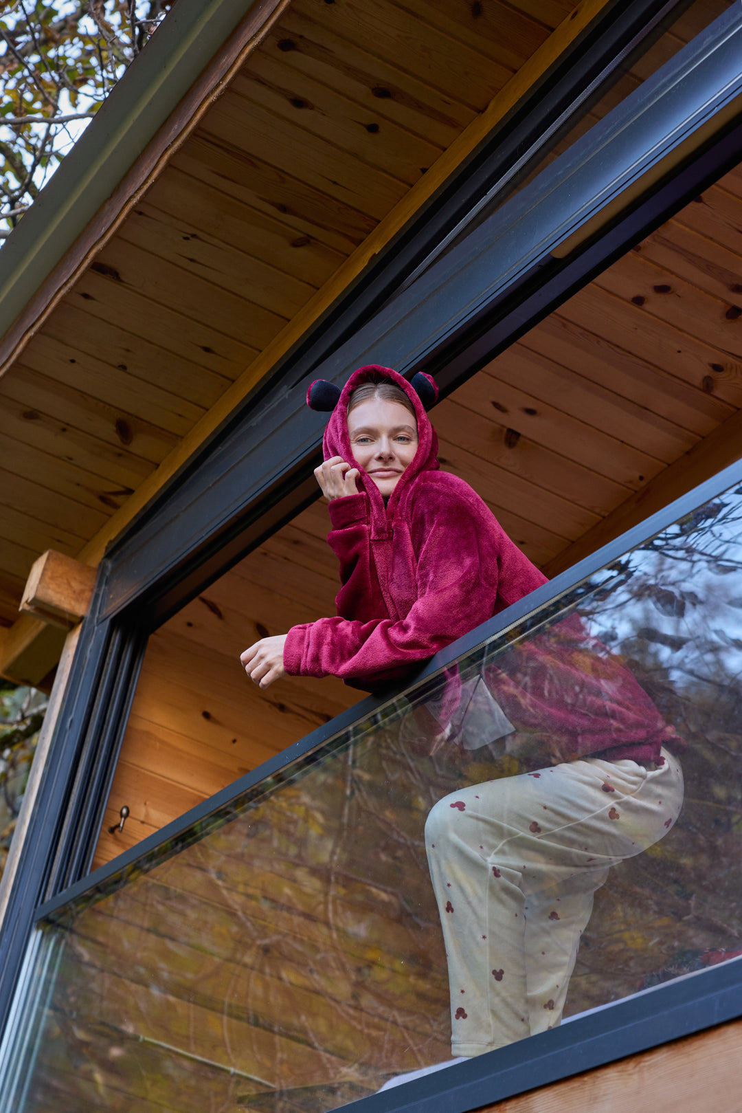 Burgundy Fluffy Hoodie Winter Set with Embroidery &amp; Printed Pants | 6018