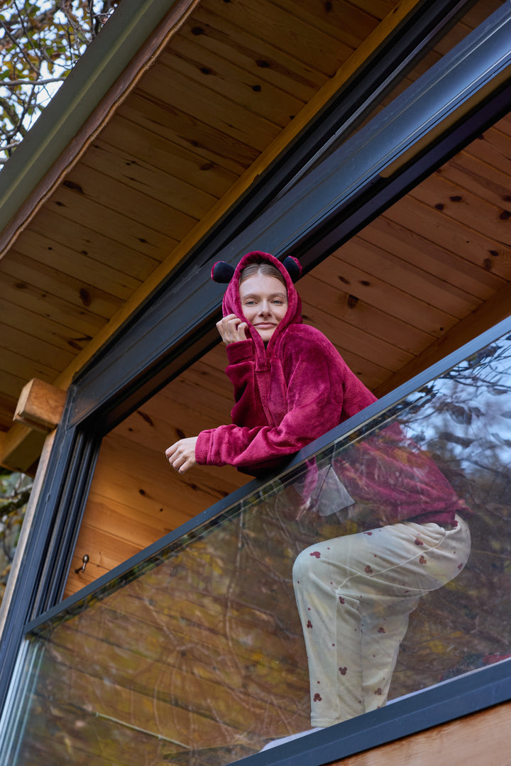 Burgundy Fluffy Hoodie Winter Set with Embroidery &amp; Printed Pants | 6018