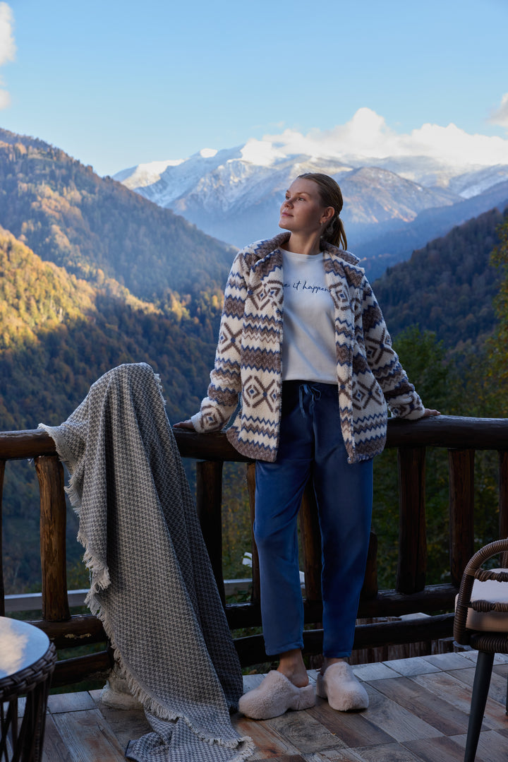 Aztec Fluffy Jacket Winter Set with Embroidered Top &amp; Blue Pants | 6019