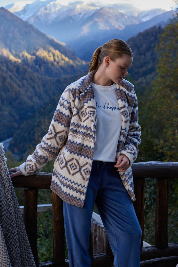 Aztec Fluffy Jacket Winter Set with Embroidered Top &amp; Blue Pants | 6019