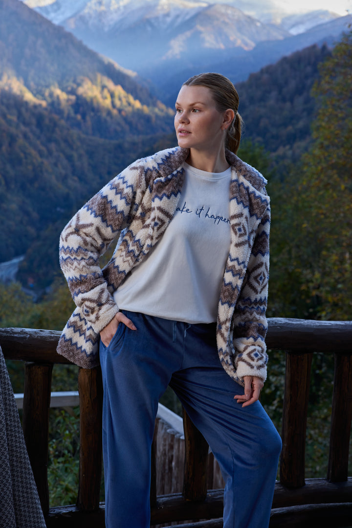 Aztec Fluffy Jacket Winter Set with Embroidered Top &amp; Blue Pants | 6019