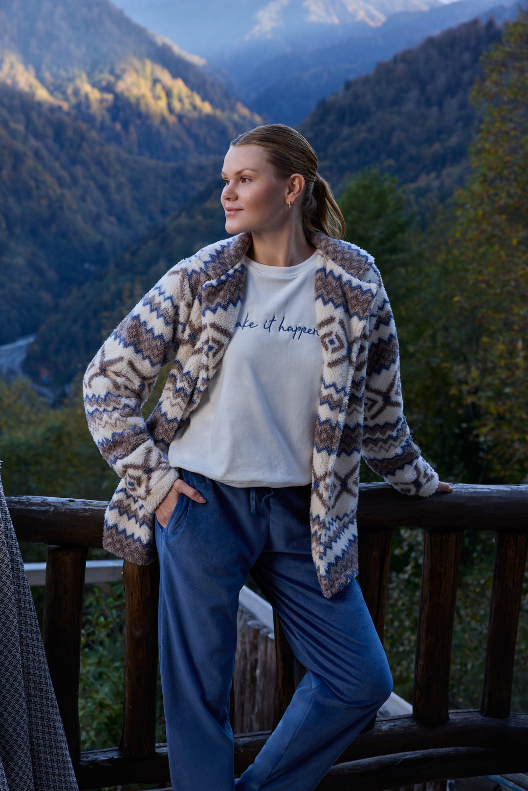 Aztec Fluffy Jacket Winter Set with Embroidered Top &amp; Blue Pants | 6019