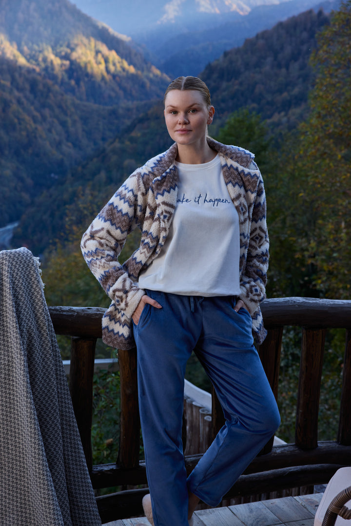 Aztec Fluffy Jacket Winter Set with Embroidered Top &amp; Blue Pants | 6019