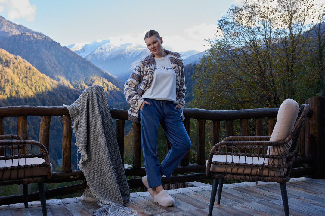 Aztec Fluffy Jacket Winter Set with Embroidered Top &amp; Blue Pants | 6019