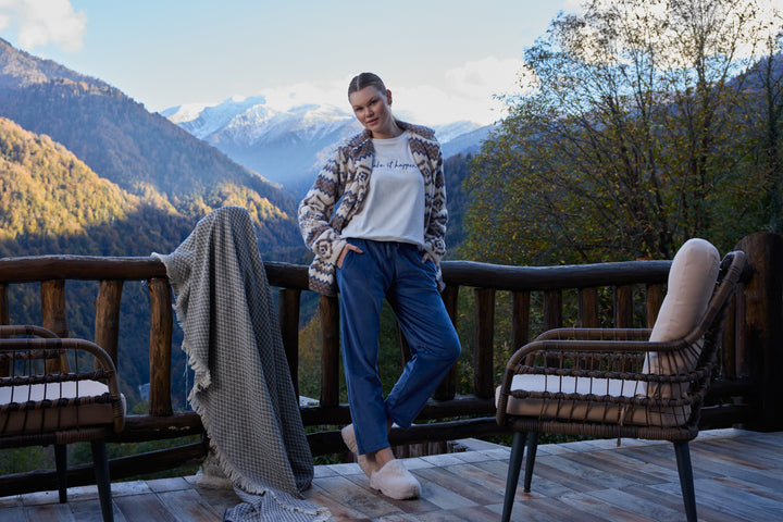 Aztec Fluffy Jacket Winter Set with Embroidered Top &amp; Blue Pants | 6019