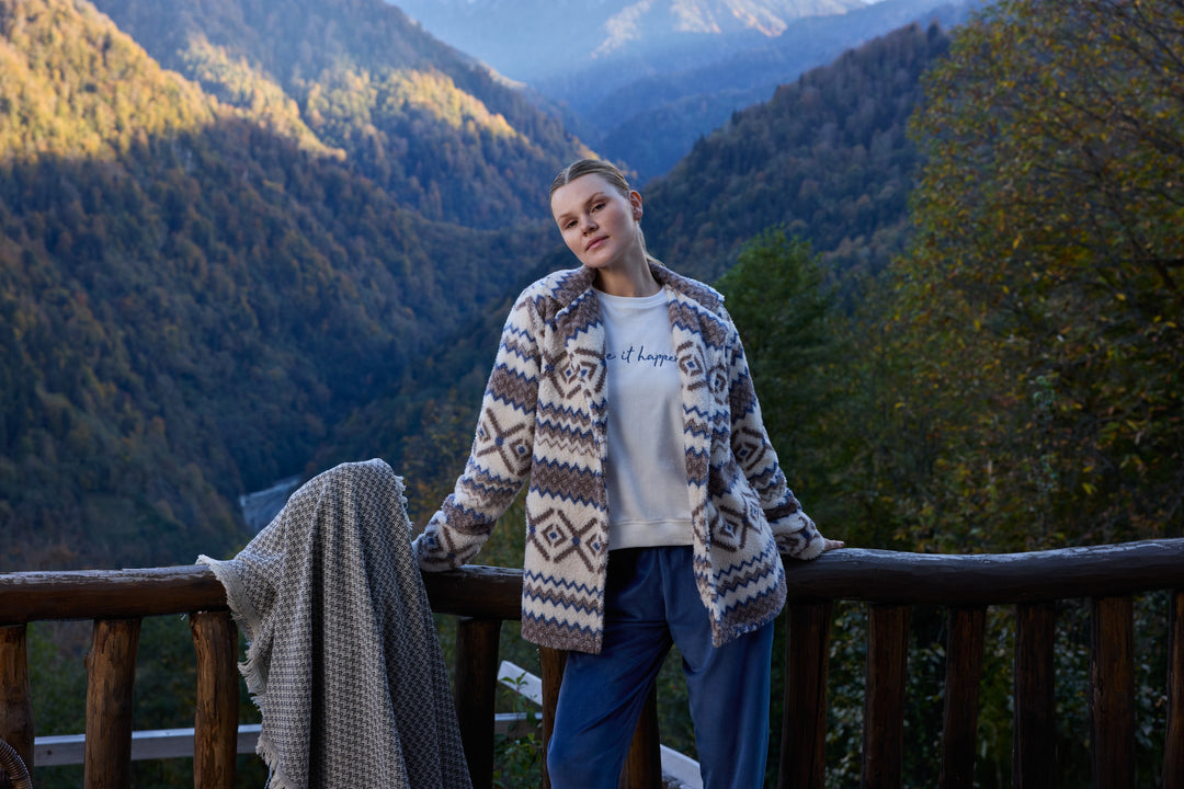 Aztec Fluffy Jacket Winter Set with Embroidered Top &amp; Blue Pants | 6019