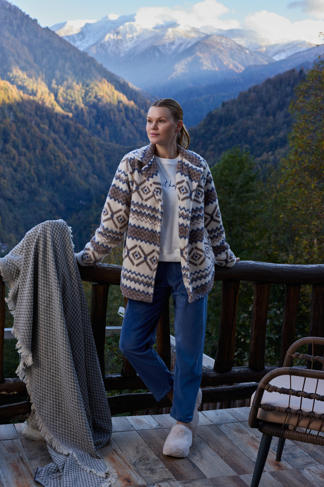 Aztec Fluffy Jacket Winter Set with Embroidered Top &amp; Blue Pants | 6019