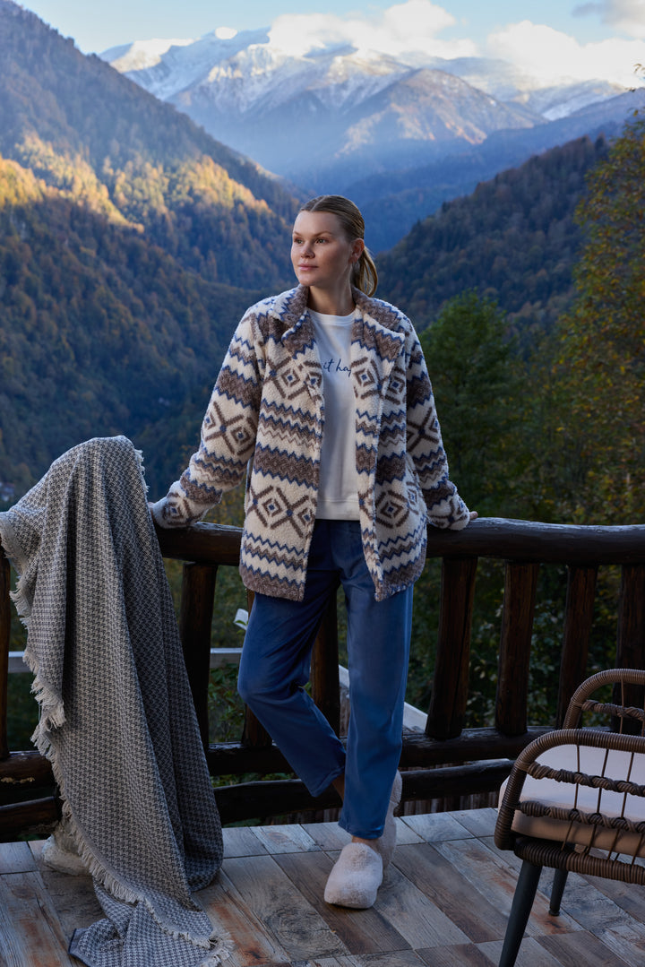 Aztec Fluffy Jacket Winter Set with Embroidered Top &amp; Blue Pants | 6019