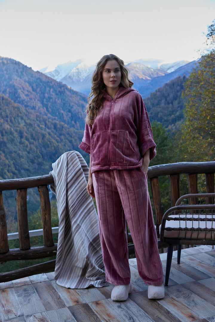 Rose Mauve Plush Front-Open Hoodie Set with Matching Pants | 6021