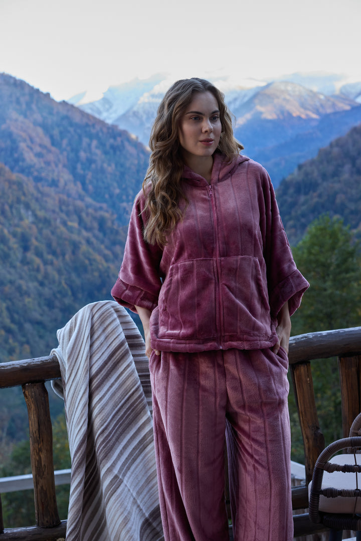 Rose Mauve Plush Front-Open Hoodie Set with Matching Pants | 6021