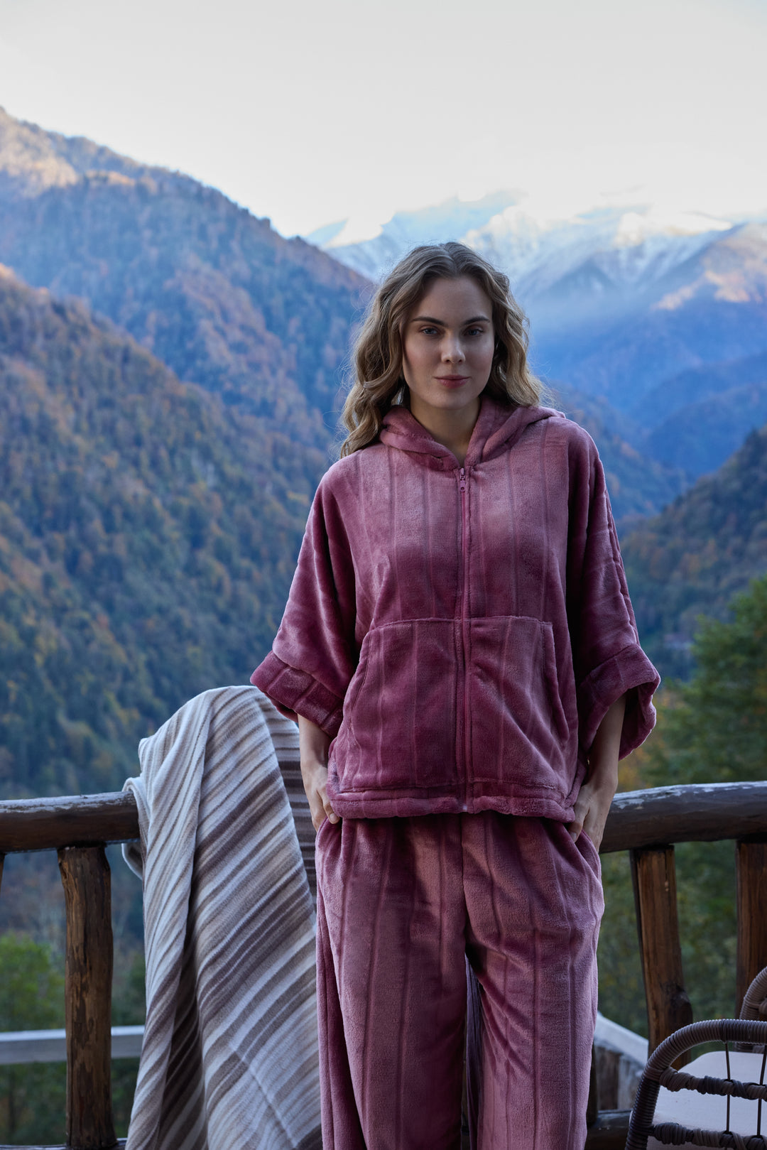 Rose Mauve Plush Front-Open Hoodie Set with Matching Pants | 6021