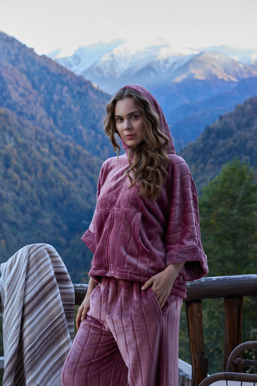 Rose Mauve Plush Front-Open Hoodie Set with Matching Pants | 6021