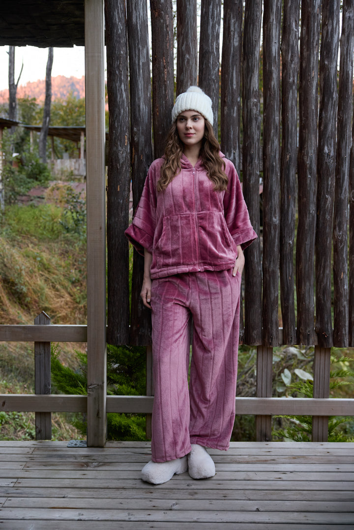 Rose Mauve Plush Front-Open Hoodie Set with Matching Pants | 6021