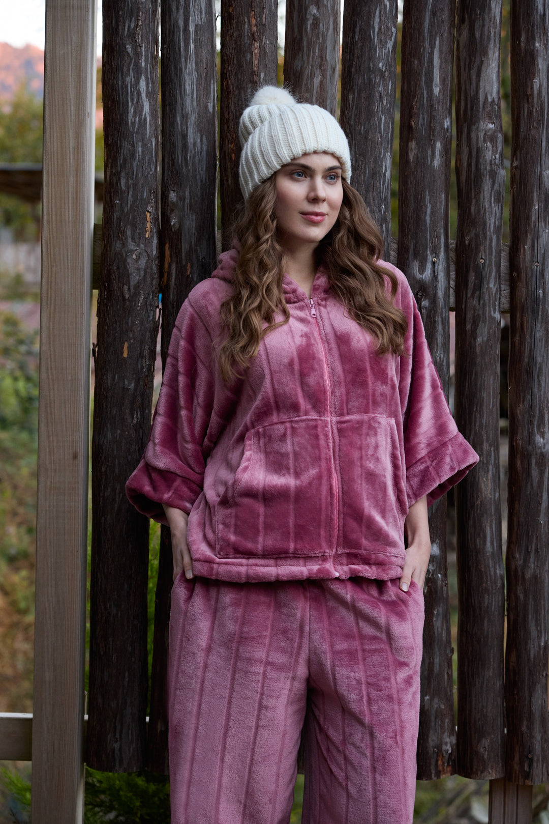 Rose Mauve Plush Front-Open Hoodie Set with Matching Pants | 6021