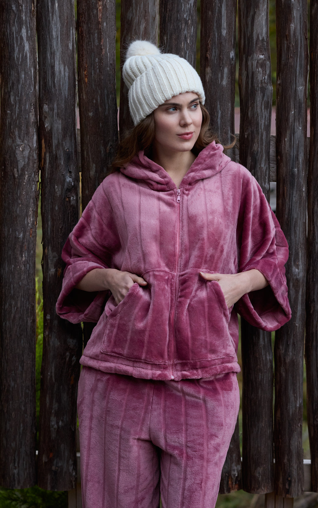 Rose Mauve Plush Front-Open Hoodie Set with Matching Pants | 6021