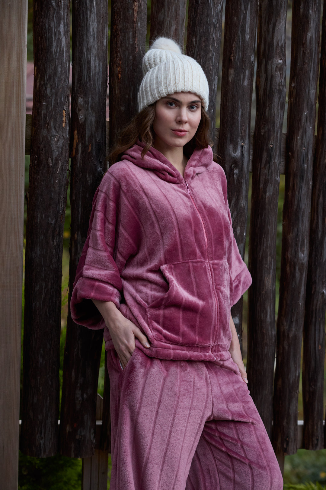 Rose Mauve Plush Front-Open Hoodie Set with Matching Pants | 6021