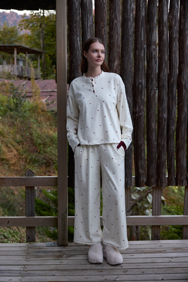 Cream Heart-Pattern Pajama Set with Buttoned Neckline | 6022