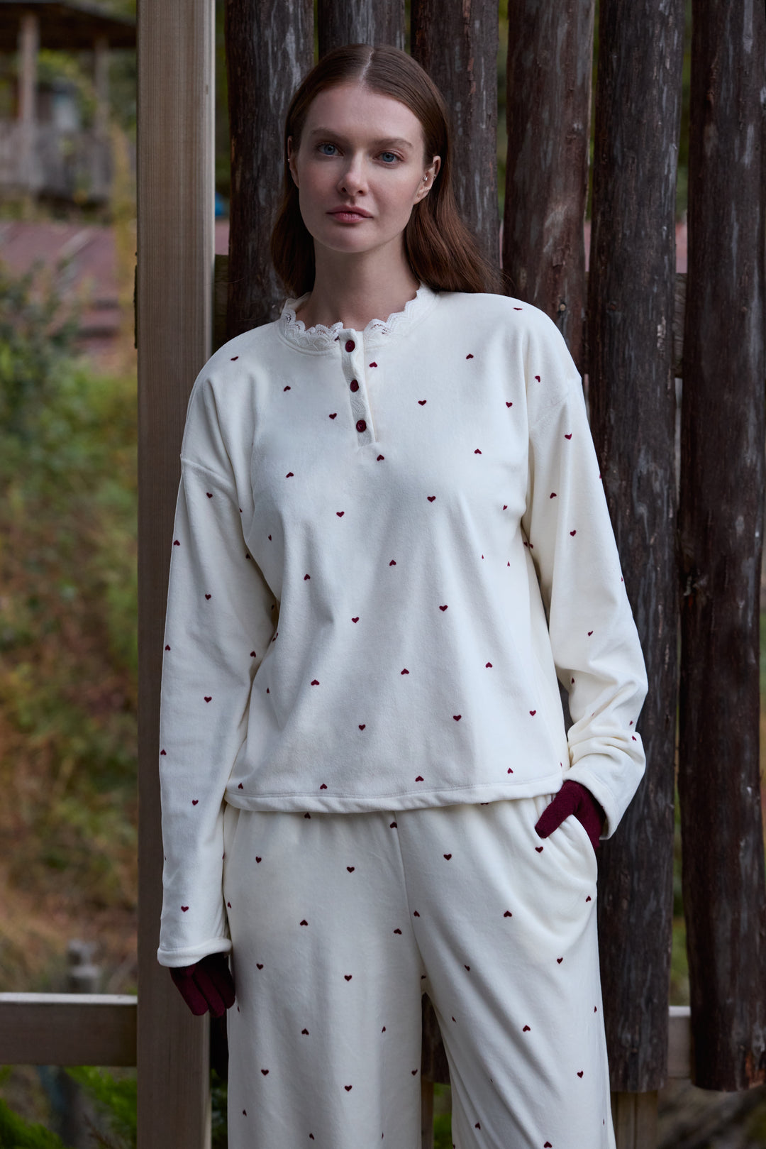 Cream Heart-Pattern Pajama Set with Buttoned Neckline | 6022