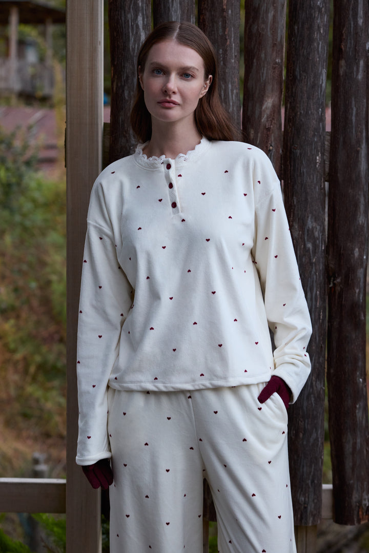 Cream Heart-Pattern Pajama Set with Buttoned Neckline | 6022