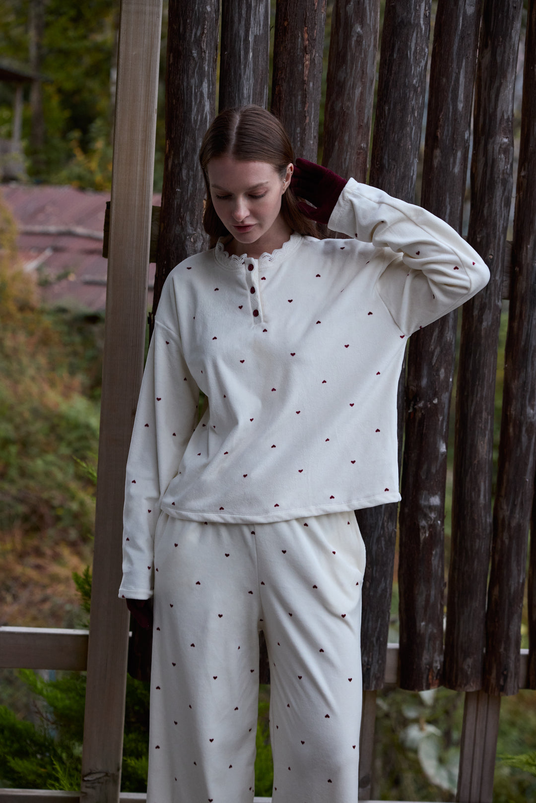 Cream Heart-Pattern Pajama Set with Buttoned Neckline | 6022