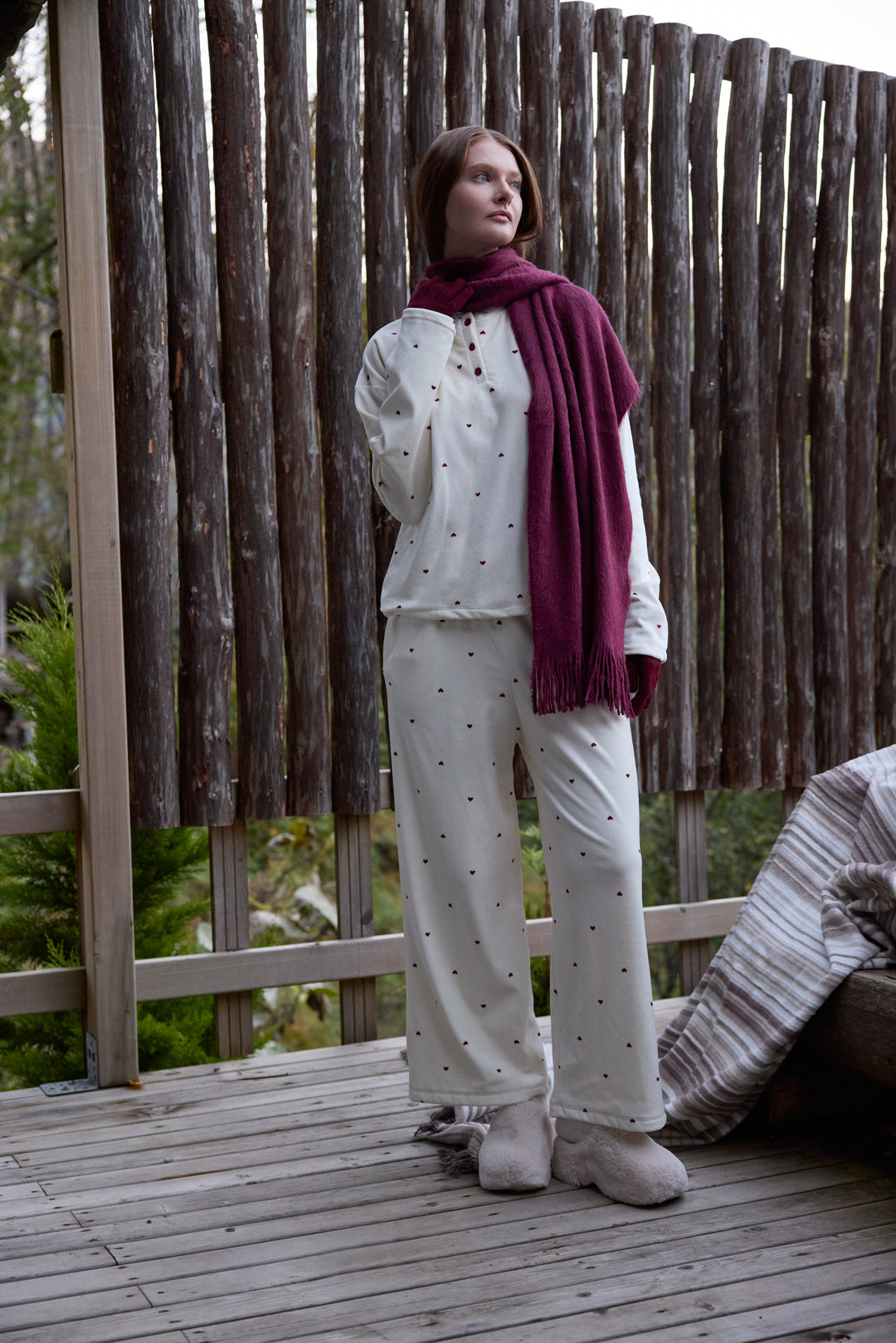 Cream Heart-Pattern Pajama Set with Buttoned Neckline | 6022