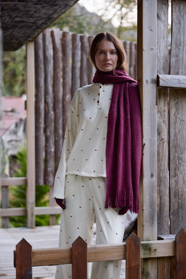 Cream Heart-Pattern Pajama Set with Buttoned Neckline | 6022