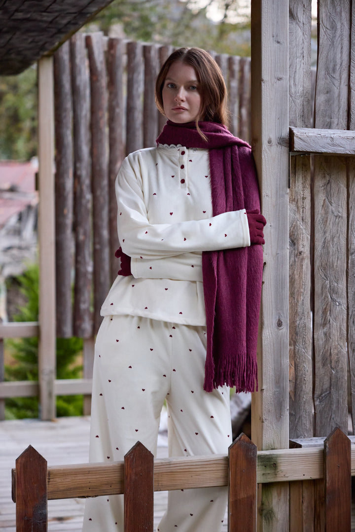 Cream Heart-Pattern Pajama Set with Buttoned Neckline | 6022