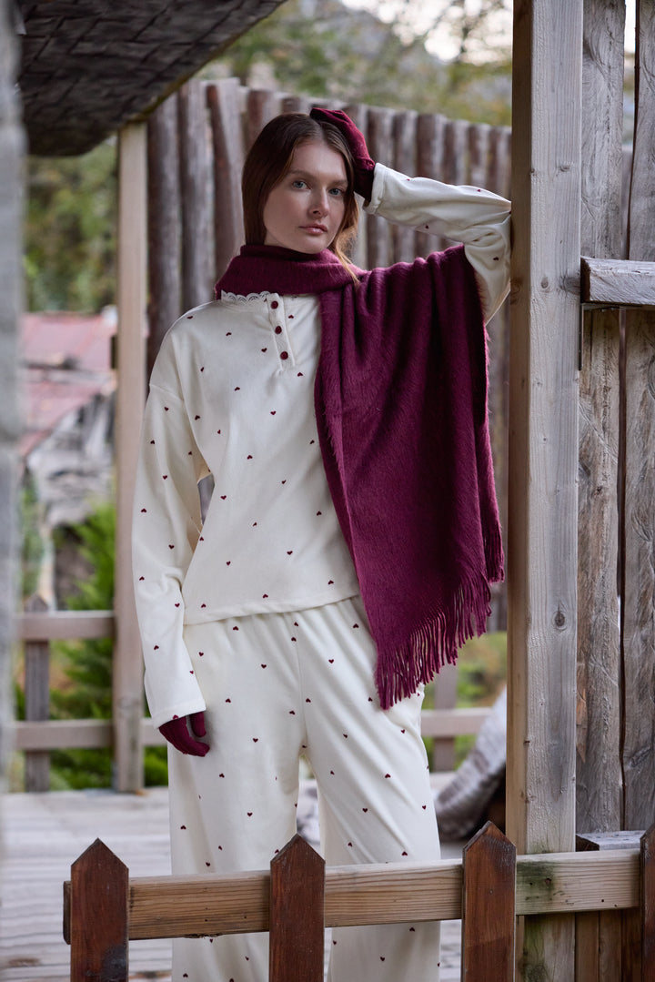 Cream Heart-Pattern Pajama Set with Buttoned Neckline | 6022