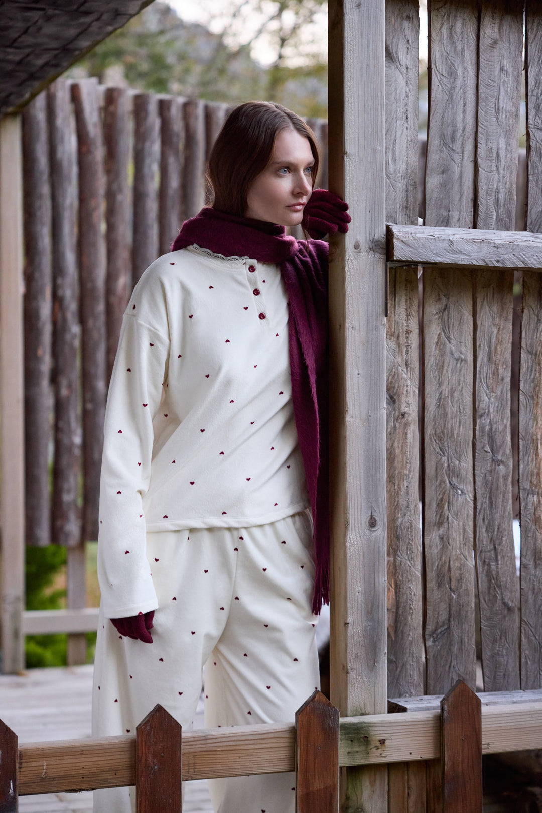 Cream Heart-Pattern Pajama Set with Buttoned Neckline | 6022