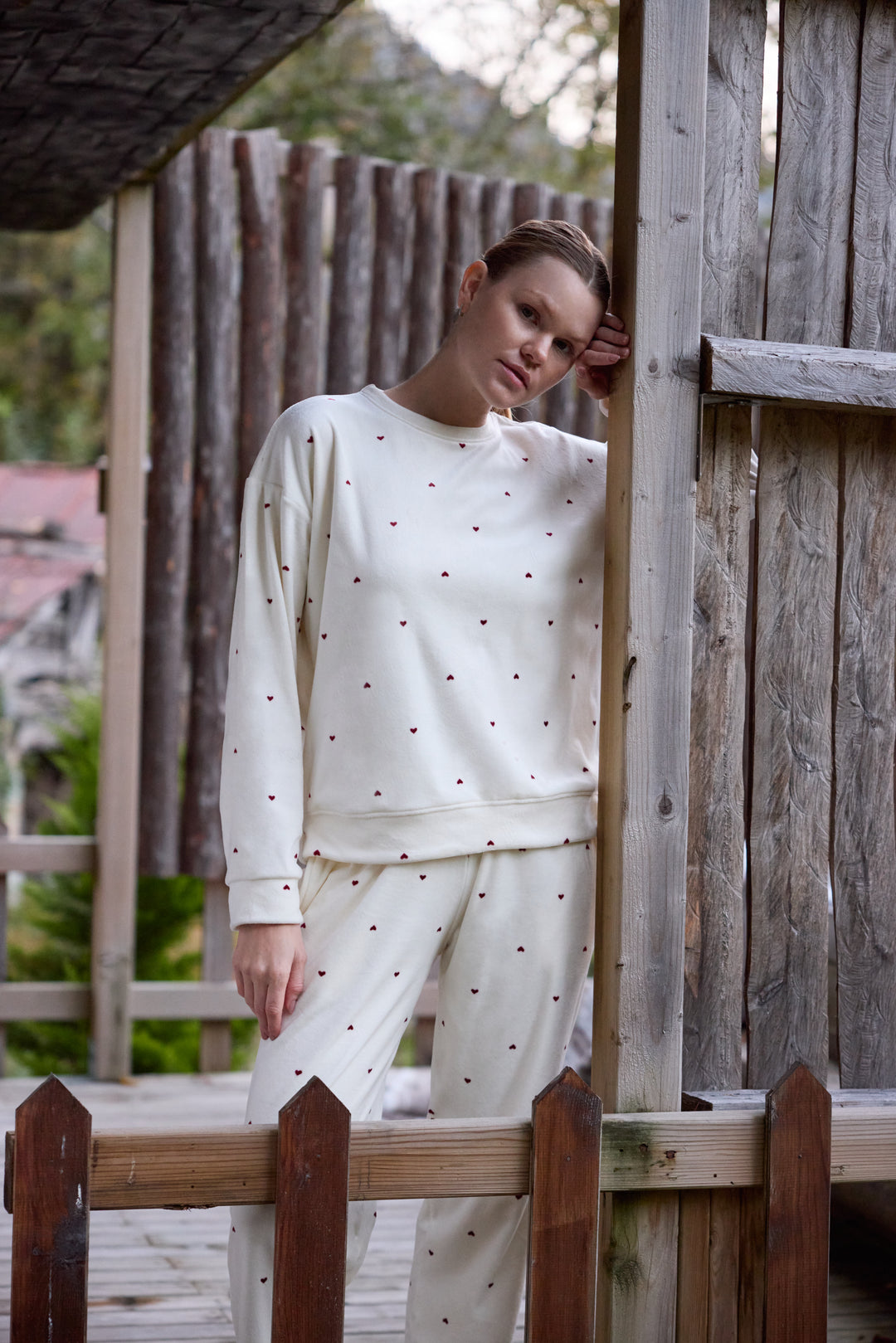 Cream Heart-Pattern Sweatshirt Pajama Set | 6023