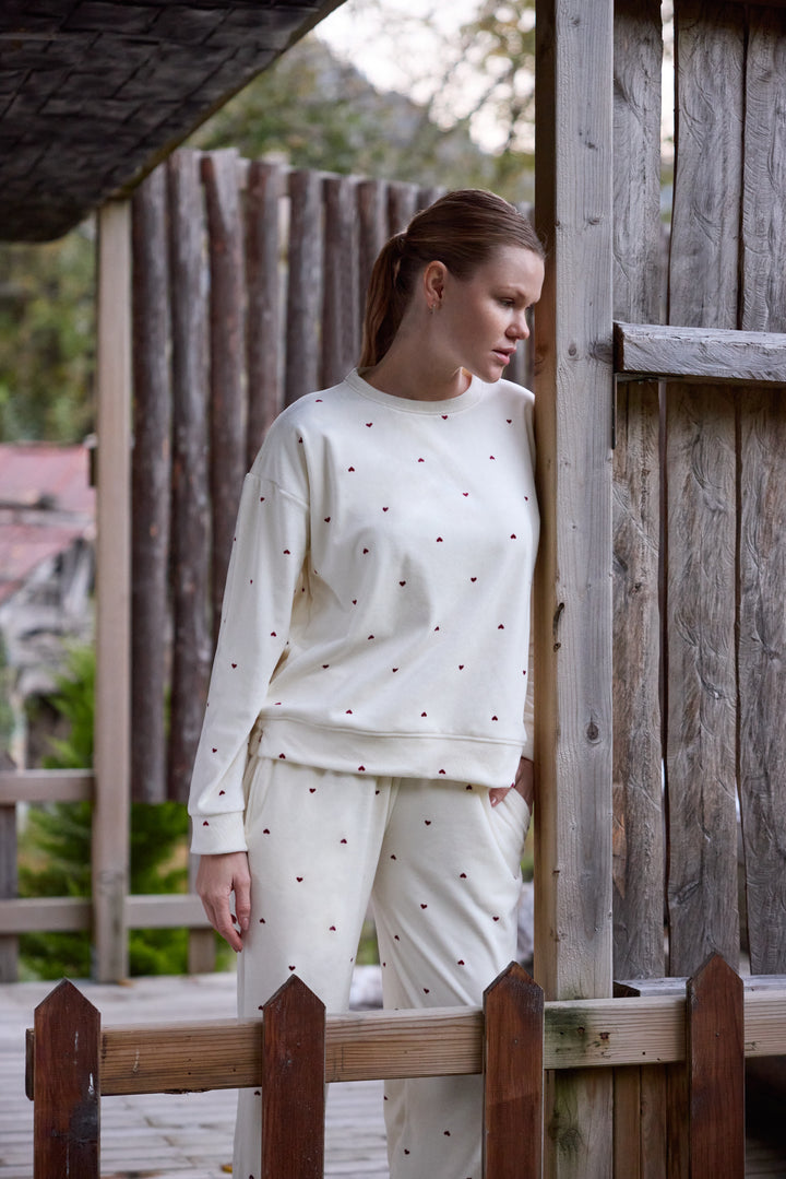 Cream Heart-Pattern Sweatshirt Pajama Set | 6023