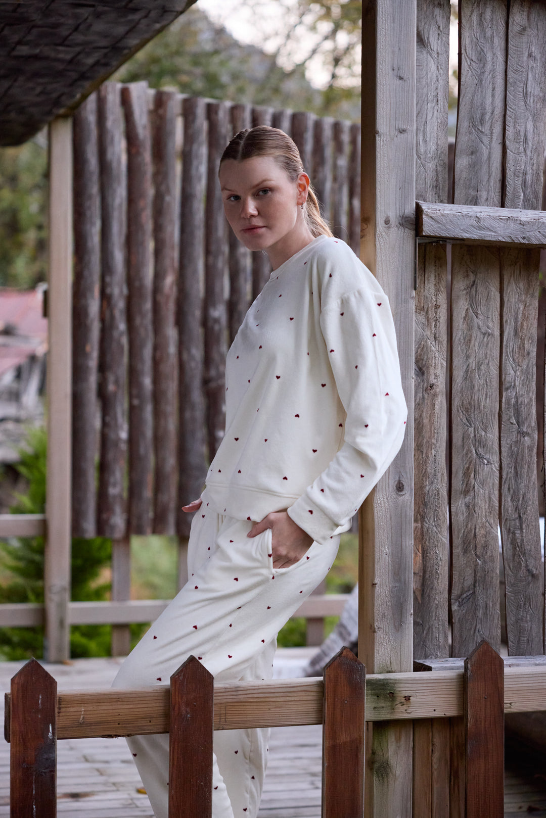 Cream Heart-Pattern Sweatshirt Pajama Set | 6023