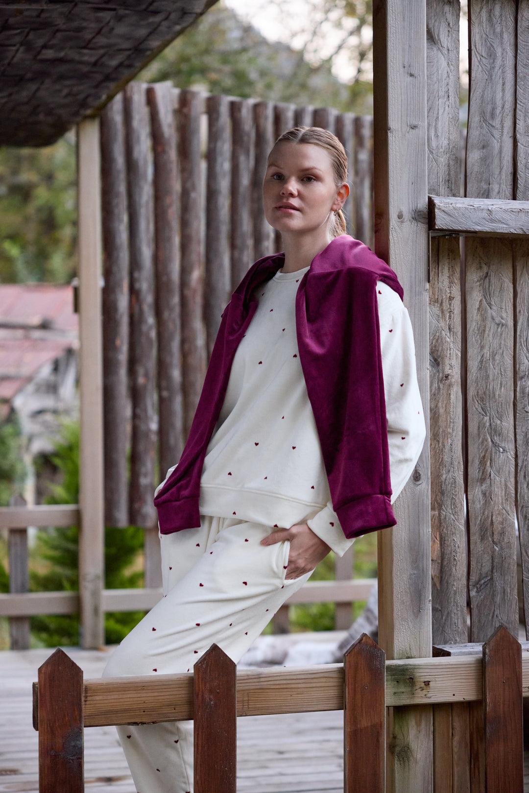 Cream Heart-Pattern Sweatshirt Pajama Set | 6023