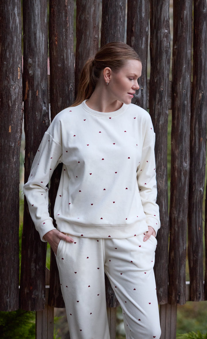 Cream Heart-Pattern Sweatshirt Pajama Set | 6023