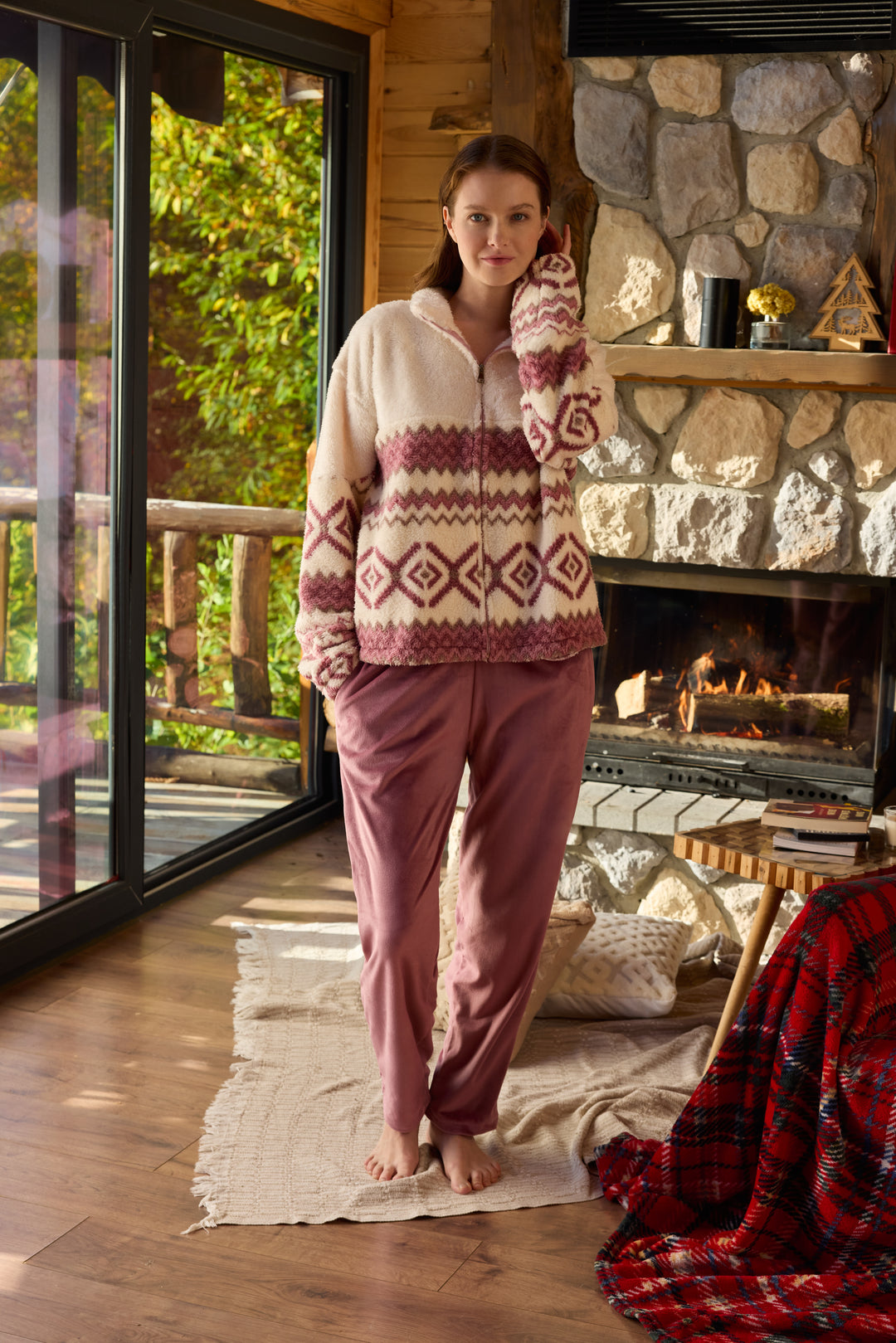 Cream &amp; Rose Geometric Fleece Zip-Up Jacket with Matching Soft Pants | 6025