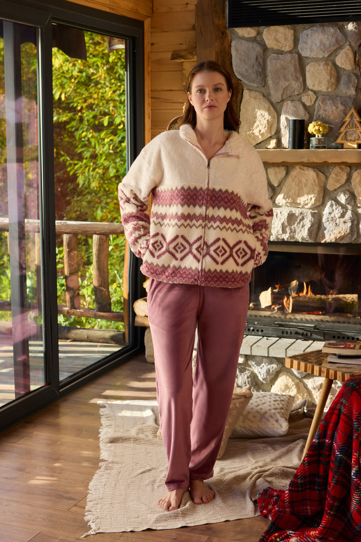 Cream &amp; Rose Geometric Fleece Zip-Up Jacket with Matching Soft Pants | 6025