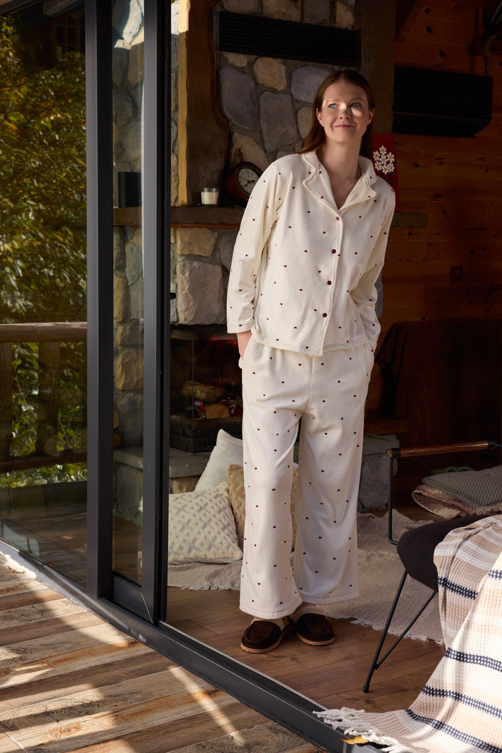 Cream Heart-Pattern Button-Up Pajama Set with Soft Classic Collar | 6026