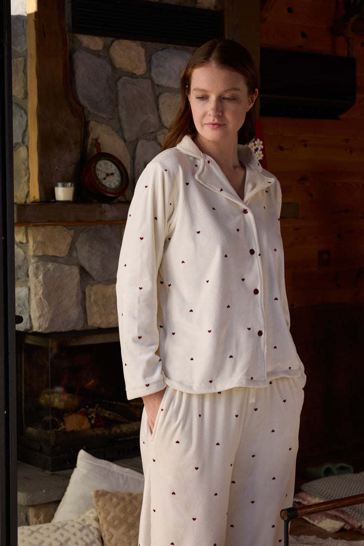 Cream Heart-Pattern Button-Up Pajama Set with Soft Classic Collar | 6026