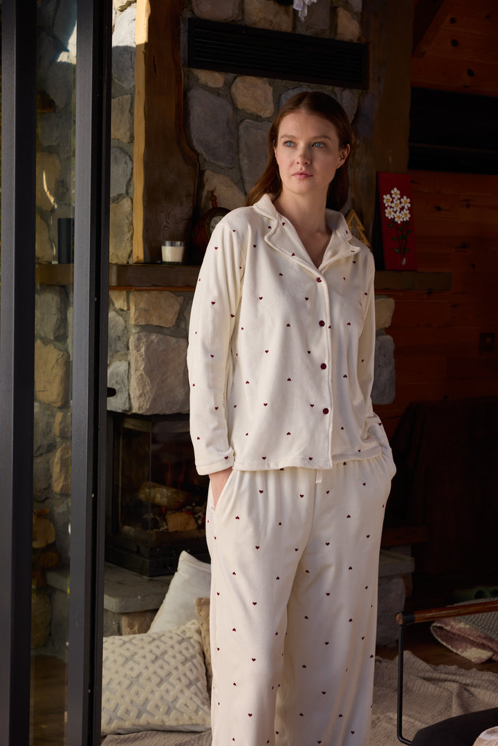 Cream Heart-Pattern Button-Up Pajama Set with Soft Classic Collar | 6026