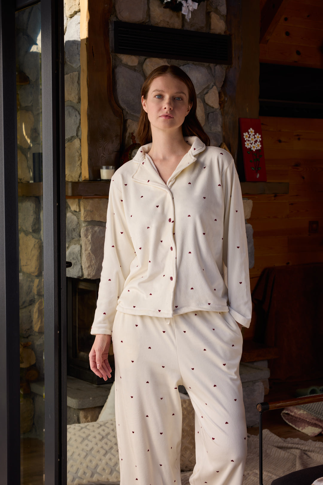 Cream Heart-Pattern Button-Up Pajama Set with Soft Classic Collar | 6026
