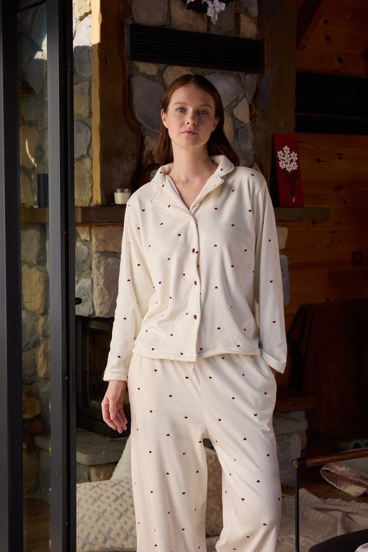 Cream Heart-Pattern Button-Up Pajama Set with Soft Classic Collar | 6026