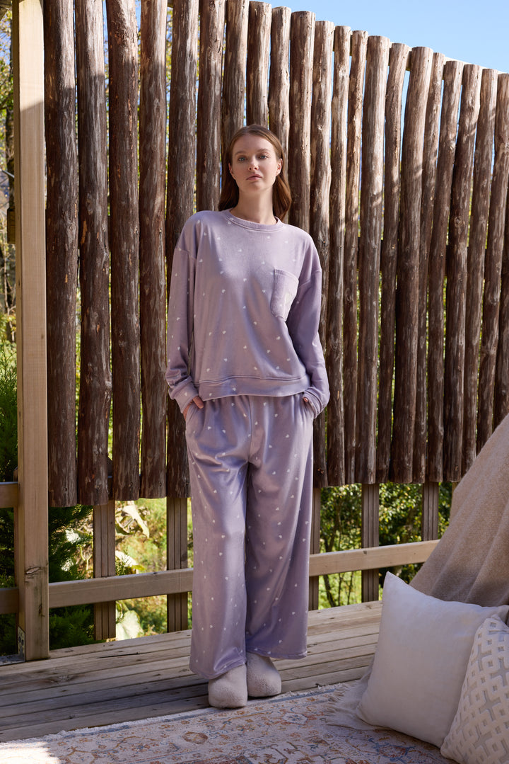 Light Lilac Heart-Print Pajama Set with Chest Pocket | 6027