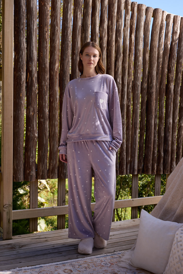 Light Lilac Heart-Print Pajama Set with Chest Pocket | 6027