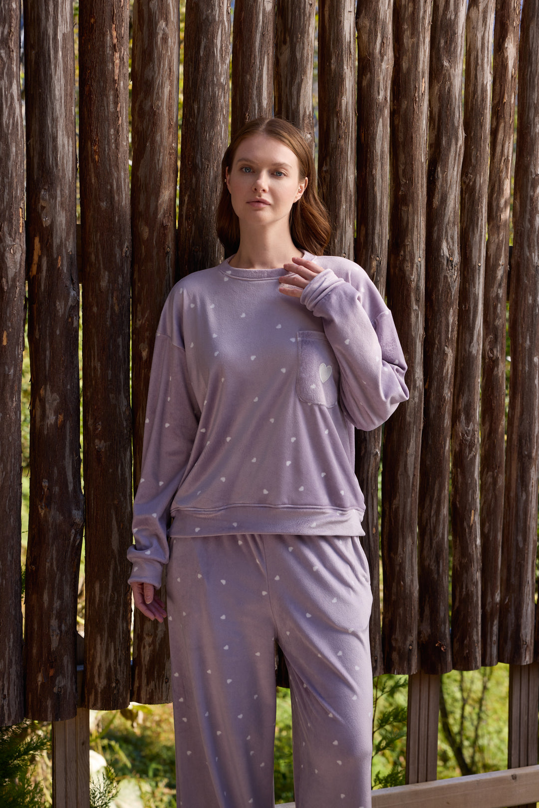 Light Lilac Heart-Print Pajama Set with Chest Pocket | 6027