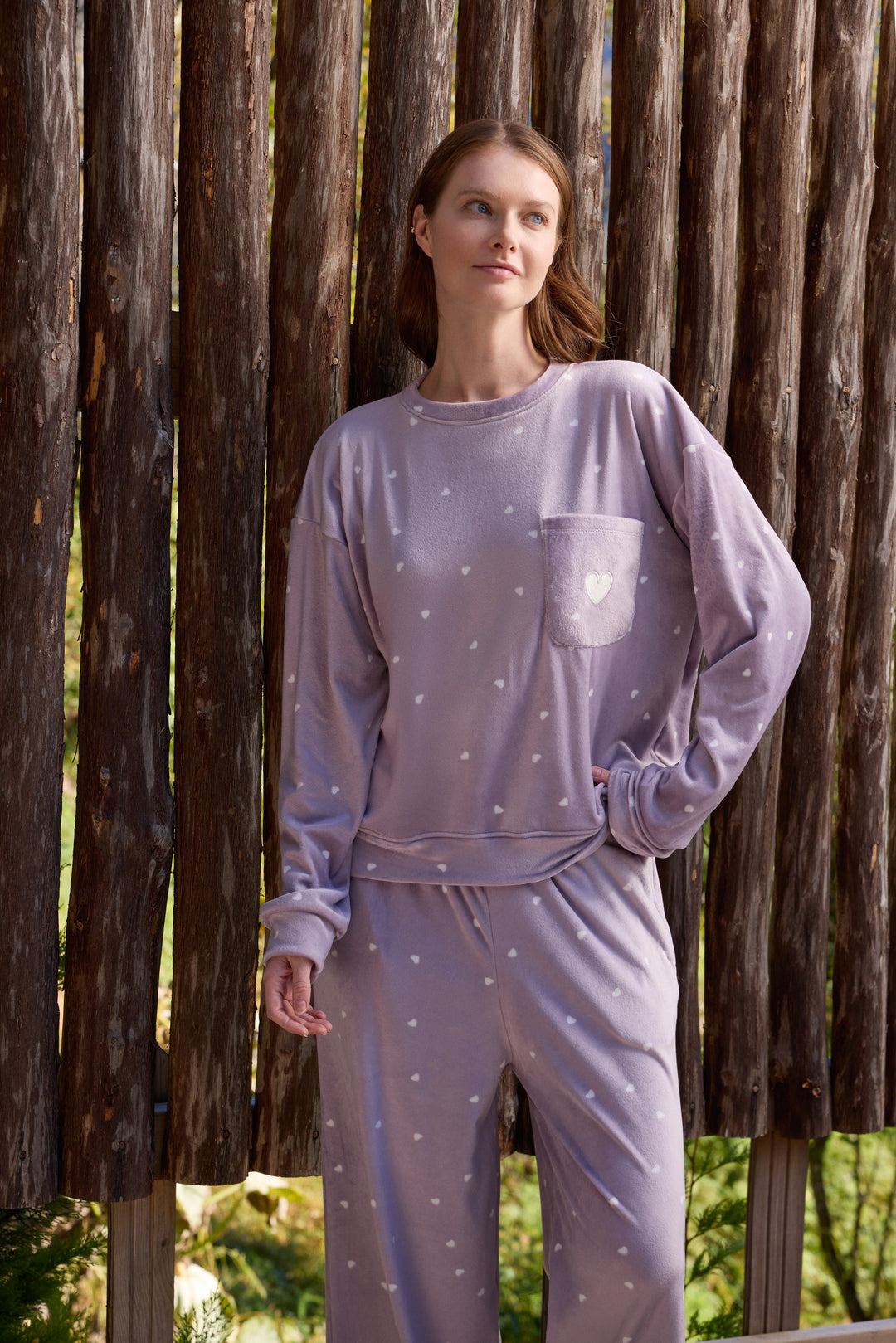 Light Lilac Heart-Print Pajama Set with Chest Pocket | 6027