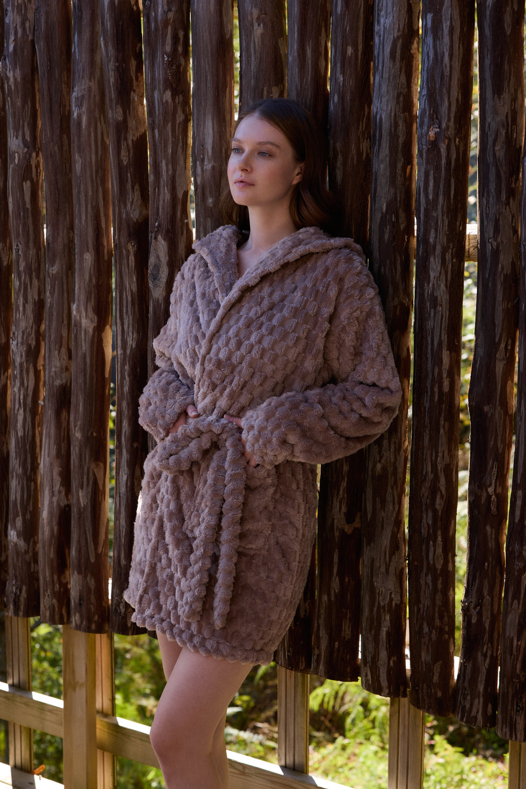 Taupe Textured Plush Short Robe with Belt – Ultra Soft Winter Warmth | 6028